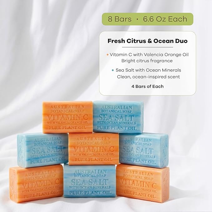 Australian Botanical Soap Variety Pack Includes 4 Valencia Orange and 4 Sea Salt Soap for Face, Hands and Body, Enriched with Shea Butter, Ocean Minerals and Vitamin C