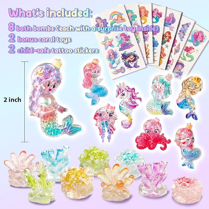 Clear&Fresh Mermaid Bath Bombs for Kids with Surprise Toys Inside, 9 Extra Large Bath Salts with Calming and Long-Lasting Scent, Natural Bubble Bath Bombs for Girls Sensitive Skin