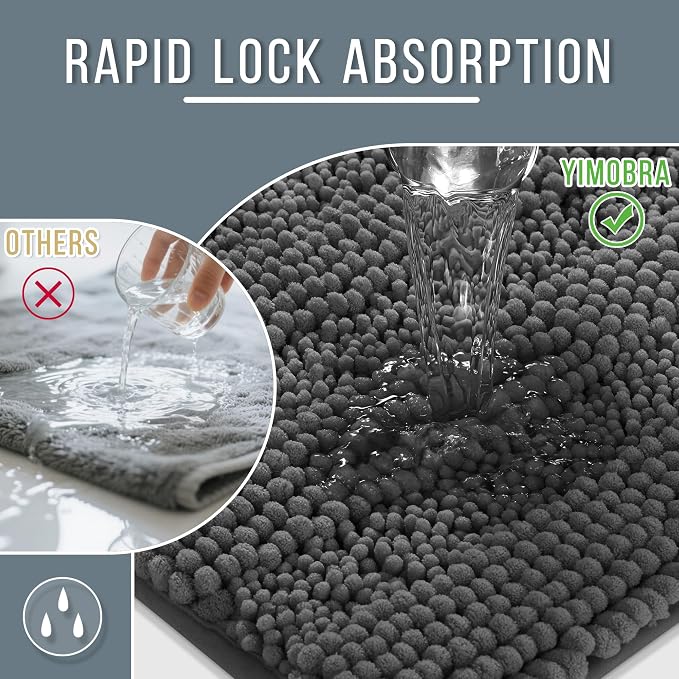 Yimobra Bathroom Rug Mat 32 x 20, Non Slip and Super Absorbent Bath Mat,Machine Washable Quick Dry,Ultra Plush Chenille Shower Rugs for Bathroom Floor Sink Tub and Shower Outside,Dark Gray
