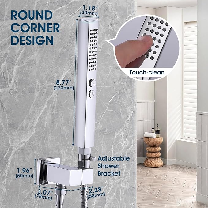All-Metal High Pressure Square Handheld Shower Head with Jet Spray and Rainfall Modes, Volume Control Regulator, ON/OFF Switch, Hose and Wall Mounted Adjustable Bracket, Chrome