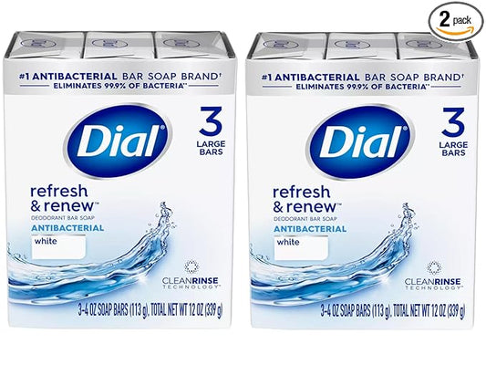 Dial Antibacterial Bar Soap, Refresh & Renew, White, 3-4 OZ Soap Bars - 2 Pack