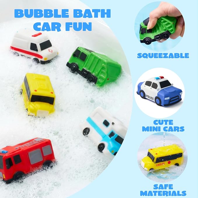 JOYIN 6 Pcs Car Bath Toys, Sealed & No-Hole & Mold Free Bathtub Toys for Kids, Non-Toxic & Soft Water Vehicles Toys, Squeezable & Float on Water, Bath & Pool Play for Boys and Girls