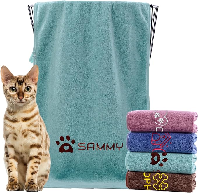 xrlsg Personalized Cat Towel Custom Towel for Cat Bath Supplies with Embroidered Pattern Name Super Absorbent Towels for Pet Bath 20 in x 40 in Green