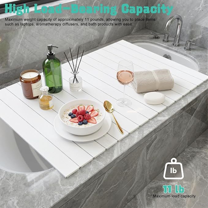 Bathtub Tray, 63x31.5 Inches Foldable Waterproof Bathtub Cover with Thermal Insulation, PVC Shutter Bath Lid Dust-Proof for Most Tubs, Laptop Desk & Wine Glass Holder for Home Bathroom Spa White