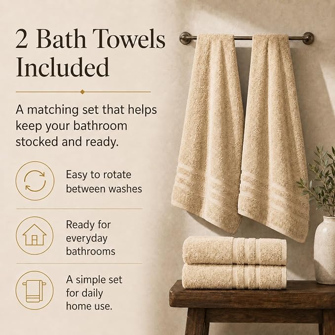 Velqora Bath Towels, 2 Pack, 30x60 in, 100% Cotton, Soft & Absorbent, Beige | Balanced Weight | Everyday Comfort | Easy Care