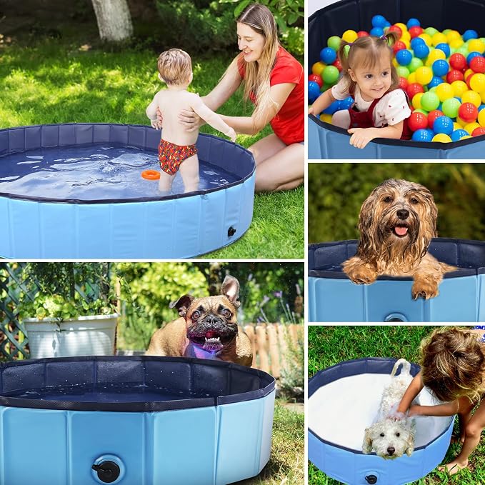 Eooqi Foldable Dog Pool, Portable Pet Bath Tub and Kiddie Swimming Pool, Collapsible Bathtub for Puppies, Small, Medium and Large Dogs, Cats and Kids, 87 x 12 in, Blue