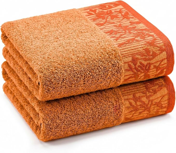 Superior Floral Jaquard Cotton Bath Towels, 2pc Towel Set, Mandarin Orange | Soft Absorbent Quick Dry Terry Weave, Machine Washable Breathable Premium Hotel Quality, Wisteria Towels, Large 2 Bath Towel