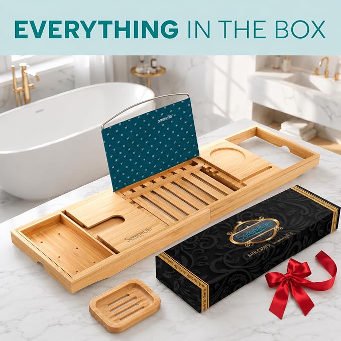 SereneLife Premium Bathtub Tray Caddy with Gift Box and Bow Set, Expandable Bath Tray, Unique House Warming Gifts for Mom, Women, Wedding, Anniversary, Bridal Shower, Fit for All Tub - Natural