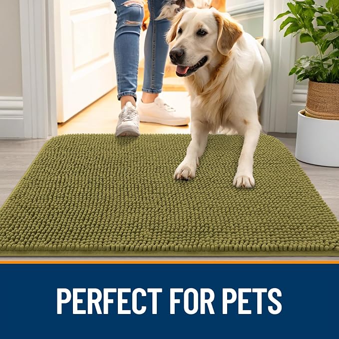 OLANLY Dog Door Mat for Muddy Paws 54x32, Absorbs Moisture and Dirt, Absorbent Non-Slip Washable Doormat, Quick Dry Chenille Mud Mat, Entry Indoor Entryway Carpet for Inside Floor, Willow Green