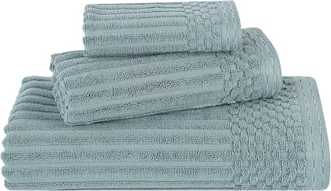 Superior 3 Piece Cotton Towel Set, Includes 1 Bath Towel, 1 Hand Towel, 1 Face Towel/Washcloth, Daily Use for Bathroom, Guest Bath, Quick Dry, Ribbed, Absorbent, Essentials, Soho Collection, Basil