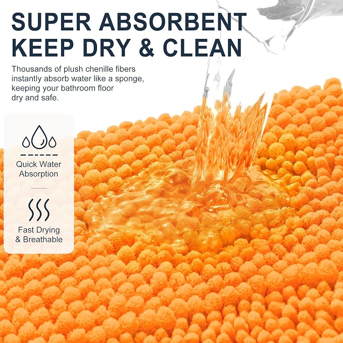Smiry Thick Chenille Bathroom Rugs 36x24, Extra Soft Absorbent Striped Bath Mat, Machine Washable, Rubber Backing, Bath Rugs for Bathroom, Tub & Shower, Modern Home Decor Accessories, Orange