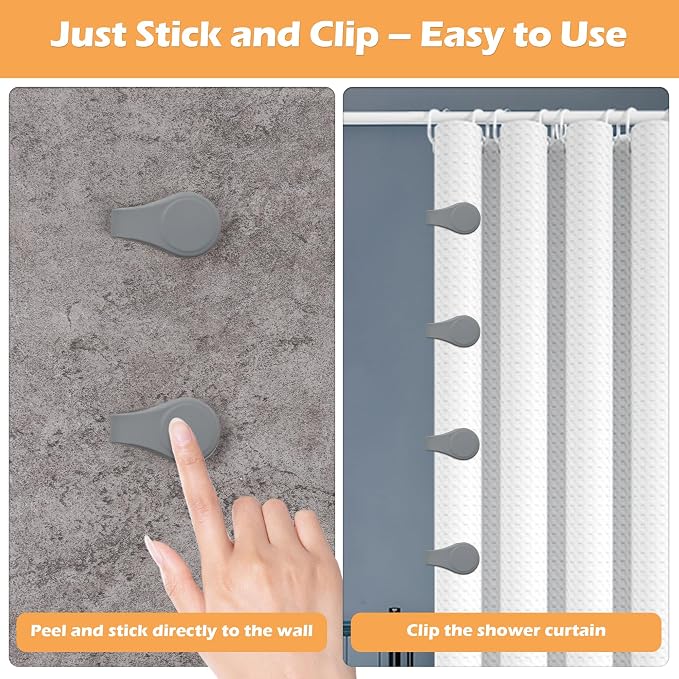 Magnetic Silicone Shower Curtain Clips for Liners,Self-Adhesive Shower Curtain Magnetic Keeper,Windproof Splash Guards to Keep Water in Shower,Easy Installation Shower Clips for Curtain 4 Packs (Grey)