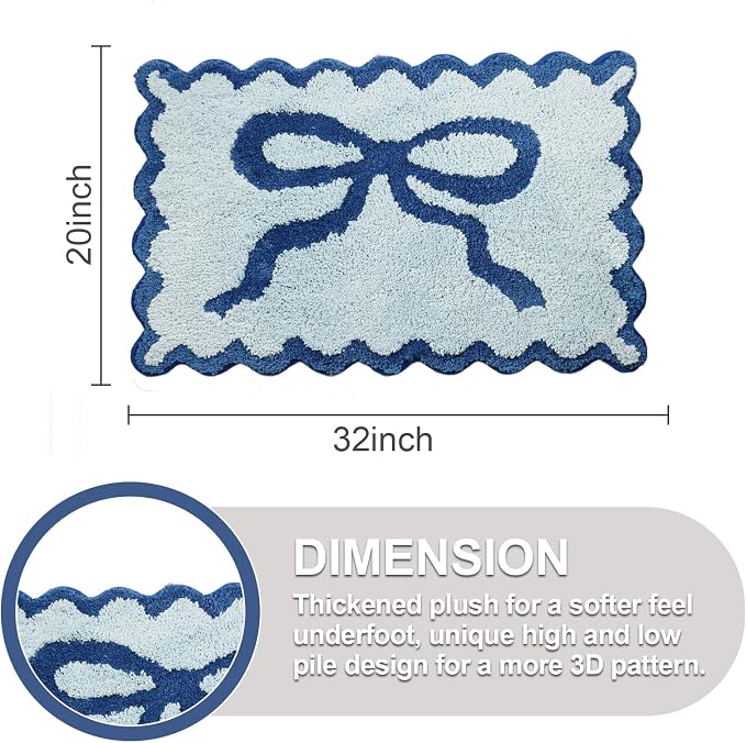 ORTIGIA Cute Blue Coquette Bow Bath Mat, Fun Plush Microfiber Scallop Bathroom Rugs Non Slip Washable Quick Dry Absorbent, Bath Rug Carpet for Shower Stall Vanities Kitchen Floor Entrance, 20x32