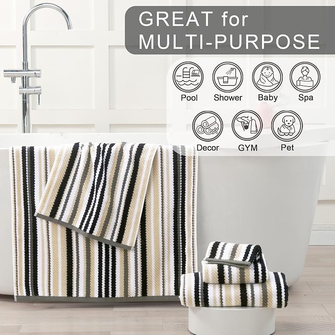 Luxury Black Striped 6-Piece Towel Set - 100% Cotton Quick Dry Highly Absorbent Bathroom Towels (2 Bath Towels 28"x52" with Hanging Loop, 2 Hand Towels 16"x27", 2 Washcloths 13"x13") | Black & Gray