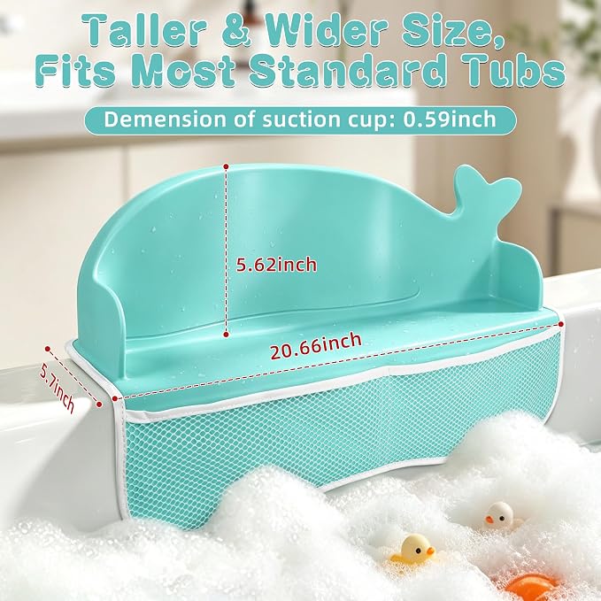 MCGMITT Bathtub Splash Guard, Silicone Bath Shelf for Kid, Bath Toys Storage with 130 Suction Cups & Storage Mesh Pockets, Whale Toddler Tub Water Barrier, Prevent Water Spills in Bathroom
