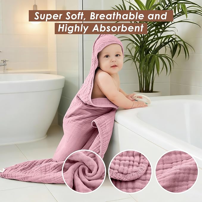 Ease Cubs 3-Pack Muslin Hooded Baby Towels, 100% Cotton, Ultra-Soft & Absorbent Baby Bath Towels with Hood for Babies, Infant, Toddler and Newbron (Pink and Sakura Series,32" x 32")