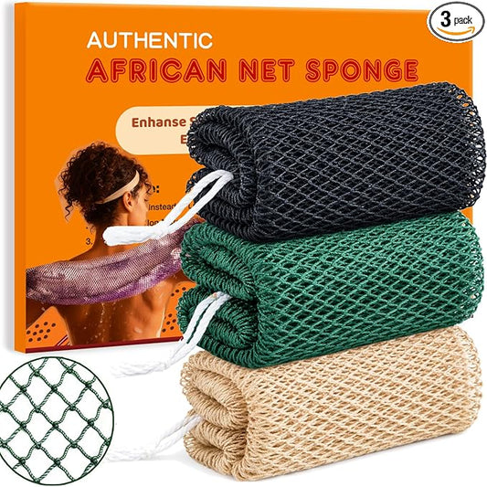 African Net Sponge Authentic, 3 Pieces African Exfoliating Net Sponge Body Back Scrubber Exfoliating Washcloth for Shower Bath for All Types (Black+Olive Green+Champagne Gold, 3 Pcs)