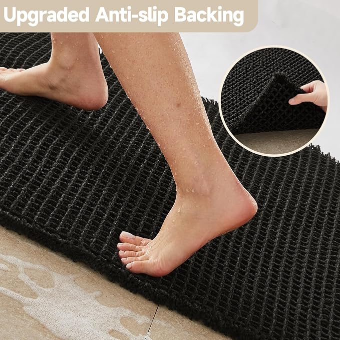 TYUU Black Bathroom Rug, Waffle Bath Mat Non Slip Washable Super Absorbent Quick Dry Boho Farmhouse Bathroom Decor, 30"x20" Black