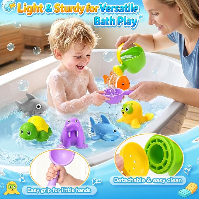 Baby Bath Toys, Toddler Tub Water Toys for Kids Pool Toys Floating Easy Clean Ocean Animal Bathtub Toys with Storage Bag,Watering Can, Bath Cups(10 PCS )