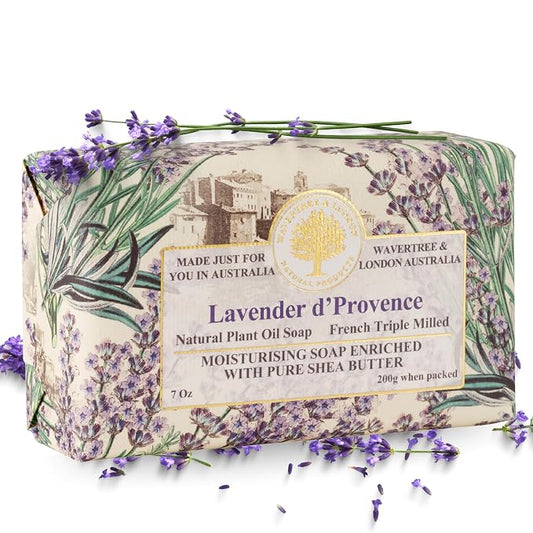 Wavertree & London Lavender D'Provence Scented Natural Soap Bar, 7oz Moisturizing French Triple Milled Soap Bar for Women & Men Enriched with Organic Shea Butter, Pure Bath & Body Soap (1 Bar)