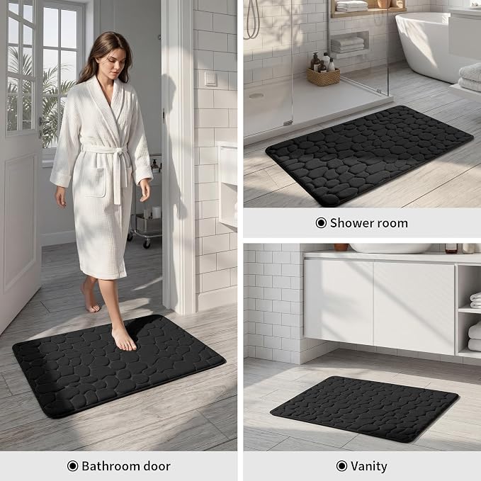 YIHOUSE Memory Foam Bath Mat Cobblestone Bathroom Rugs Super Water Absorbent Bath Mats for Bathroom Machine Washable Bath Rugs(24 x 36,Black)