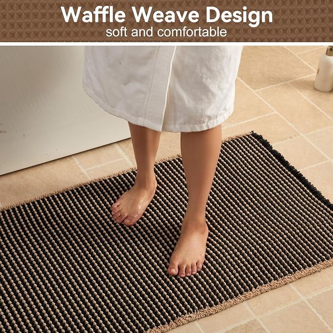Triohero Waffle Bath Mat, Boho Bathroom Rugs Non Slip Washable, Ultra Soft Super Absorbent Quick Dry Farmhouse Bathroom Decor, 24" x 48", Black & Khaki