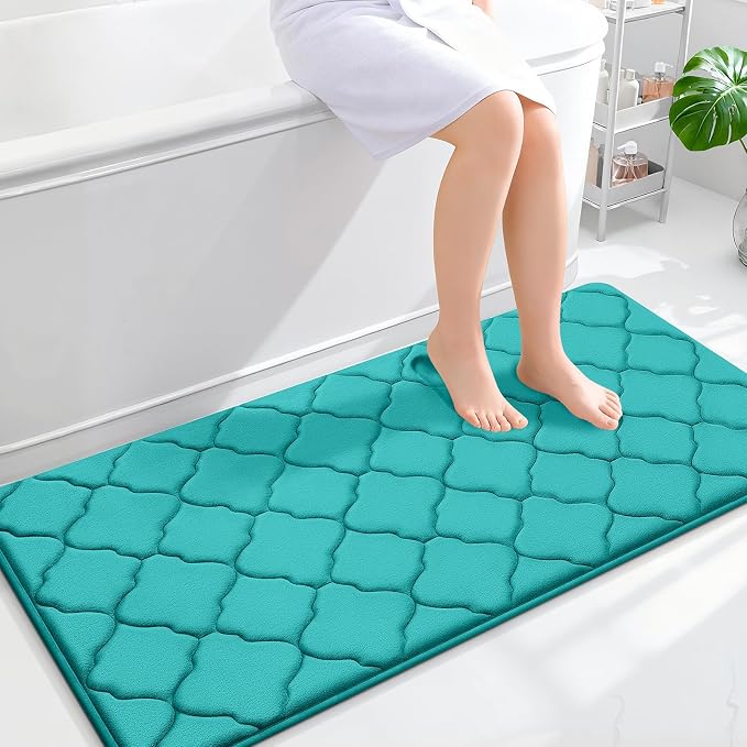 OLANLY Memory Foam Bath Mat Rug 47x24, Ultra Soft and Absorbent Bathroom Rugs, Non-Slip, Comfortable, Machine Washable Bath Carpet for Bathroom Floor, Tub, Shower and Home Decor Accessories, Teal