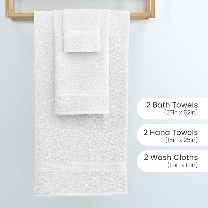 Martex Easy Living Everyday 6-Piece Bathroom Towel Set, White | 2 Bath Towels, 2 Hand Towels, 2 Wash Cloths, 100% Cotton, Soft, Quick-Dry