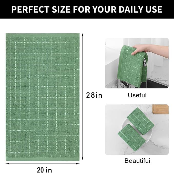 Homaxy 100% Cotton Terry Kitchen Towels(Grass Green, 20 x 28 inches), Checkered Designed, Soft and Super Absorbent Dish Towels, Large 6 Pack