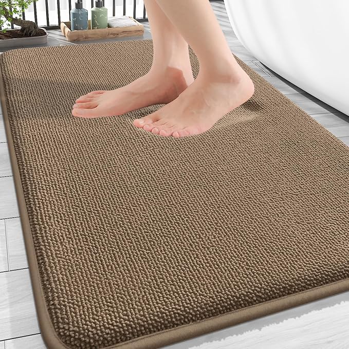 OLANLY Thick Memory Foam Bath Mat Rug 34x21, Extra Soft Absorbent Bathroom Rug, Quick Dry Bath Mats, Non-Slip, Machine Washable Carpet for Bathroom, Tub and Shower, Home Decor Accessories, Tan