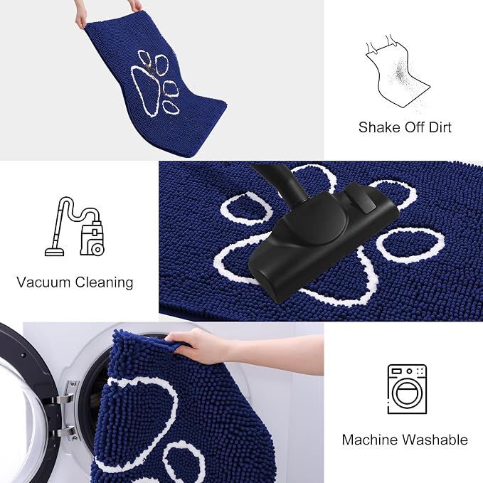 Smiry Dog Door Mat for Muddy Paws, Absorbent Dirt Trapper Non Slip Quick Dry Washable Chenille Mat for Mud Dogs, Entry Rug for Indoor and Outdoor (24x16 Inches, Navy Blue and White)