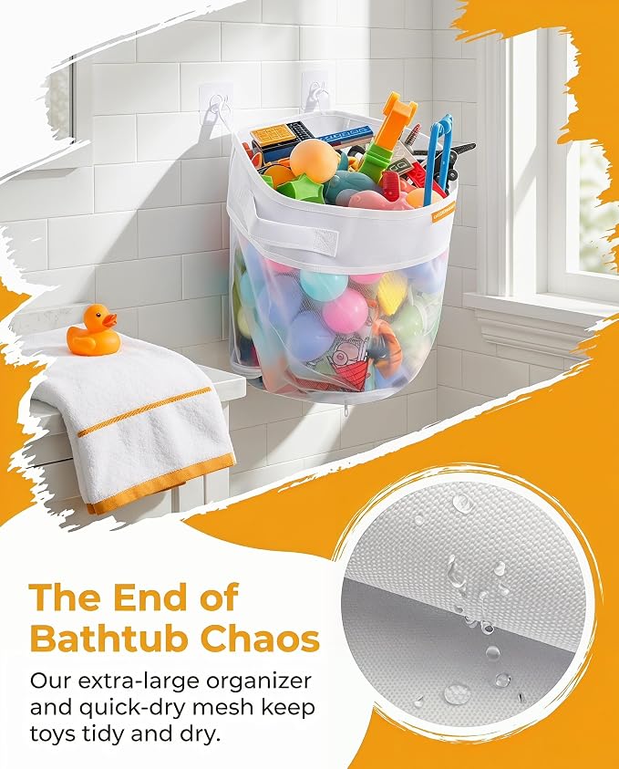 Bath Toy Organizer with Quick Release Zipper, Large Mesh Baby Bath Toy Storage Bag, Wall-Mounted Foldable Bathroom Organizer for Bathtub Toys, Fast Drying Holder with Adhesive Hooks
