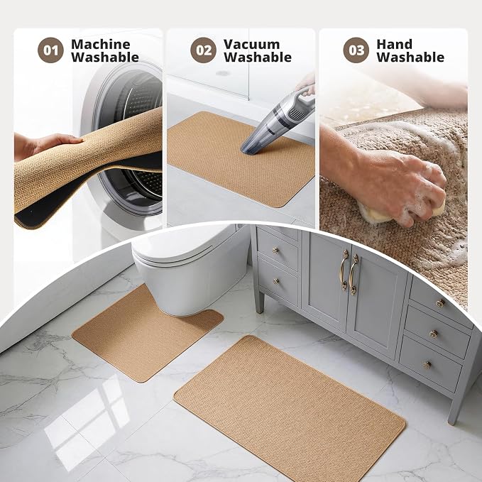 Bathroom Rugs Sets 2 Piece, Thin Bath Mat & U-Shaped Contour Toilet Rug Absorbent Quick Dry, Machine Washable, Non Slip Low Pile Bath Mats for Bathroom/Tub/Sink/Shower (30"x20" Plus 24"x20" U, Khaki)
