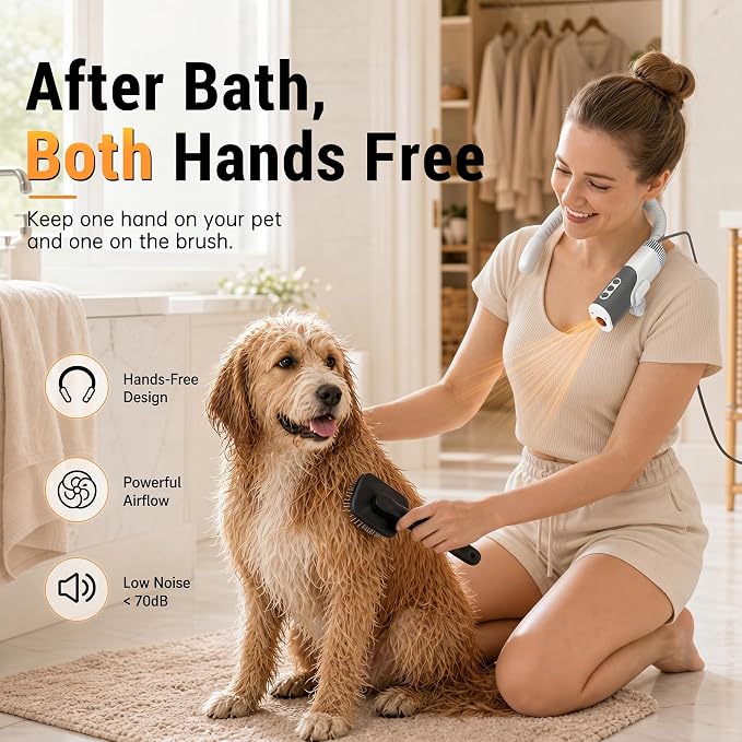 PETNF Hands-Free Dog Dryer for Pet Grooming, 110,000 RPM High Velocity Pet Hair Dryer, 1300W Powerful Neck Hanging Design, 3 Speeds & 5 Heat Settings for Home & Salon