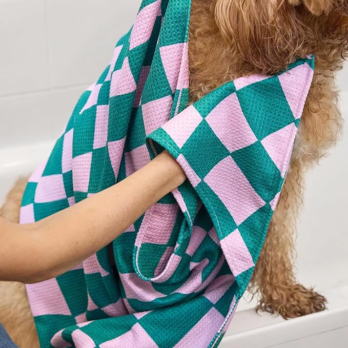 Dock & Bay Pet Towel - Super Absorbent & Quick Drying Dog Towels with Bag - 100% Recycled - Check Mutt, Large (120x70cm, 47x27)