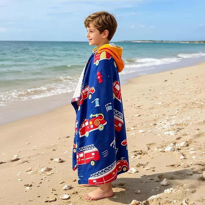 VOOVA & MOVAS Kids Bath Towels Age 3-8, 30''X50, Soft | Thick | 100% Cotton, Beach | Pool | Bath | Swim Towels | Cover Up for Boys, Blue Fire Truck Theme