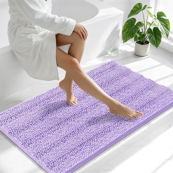 Smiry Thick Chenille Bathroom Runner Rugs 44x24, Extra Absorbent Striped Bath Mat, Machine Washable, Rubber Backing, Long Bath Rugs for Tub & Shower, Modern Home Decor Accessories, Lavender