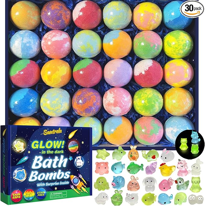 Bath Bombs for Kids with Surprise Inside, 30 Pack Kids Bath Bombs with Toys Glow in The Dark, Child-Safe Colorful Bubble Fizz Bath Ball Gift Set for Easter Egg, Birthday,Christmas