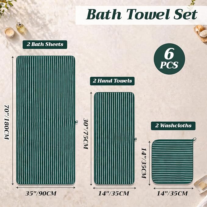 6 Pcs Oversized Bath Towels for Adults 35x70 Inches Green & White Striped Extra Large Bath Towel Sets Bathroom Sheets Jumbo Shower Towels Quick Absorbent Soft Microfiber for Women Men