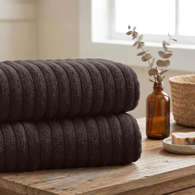 RIVERSIDE Pack of 2 Extra Large Bath Sheet Towels, 35 x 70 Inches, 600 GSM, Ribbed Stripe, 100% Cotton - Super Soft, Highly Absorbent & Quick Dry for Bathroom, Spa & Hotel, Brown