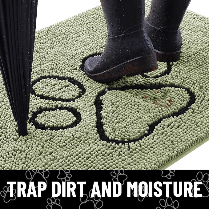 Smiry Dog Door Mat for Muddy Paws, Absorbent Dirt Trapper Non Slip Quick Dry Washable Chenille Mat for Mud Dogs, Entry Rug for Indoor and Outdoor (36x24 Inches, Sage Green and Black)