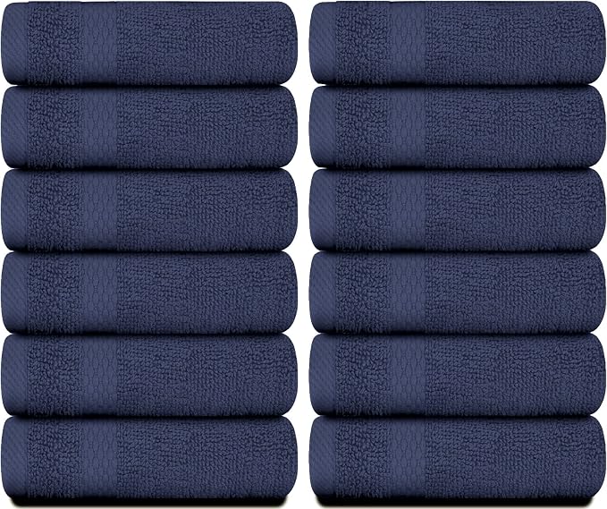 White Classic Luxury Cotton Washcloths 13x13 Inch - 650 GSM Turkish Cotton | Hotel, Spa, Bathroom Face Towel | 12 Pack, Navy Blue