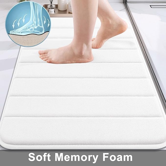 Buganda Memory Foam Bath Mat, 34" x 20", Ultra Soft Bathroom Rugs, Water Absorbent and Machine Washable Bath Rug for Bathroom, Shower, and Tub, White