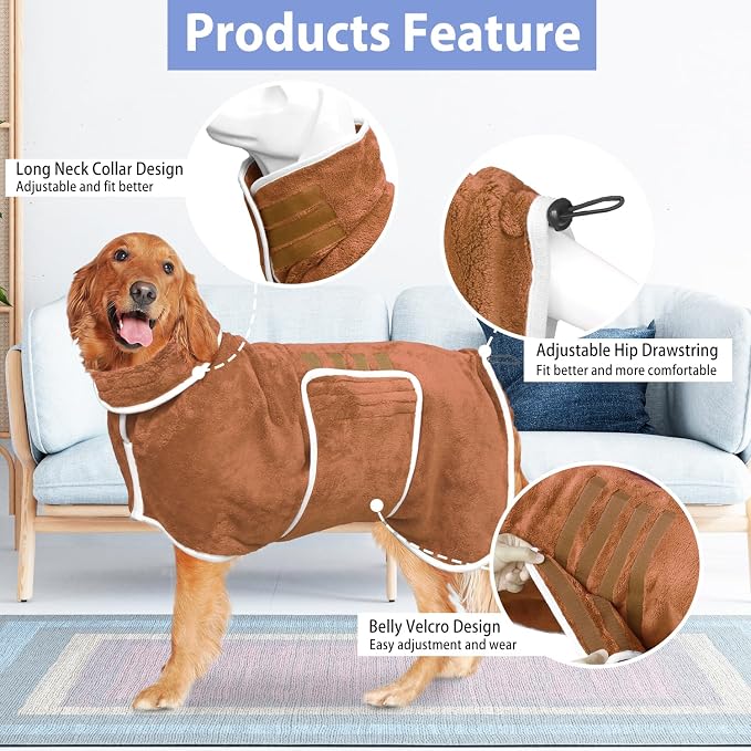 Dog Bathrobe Towel Dog Drying Coat - Super Absorbent Towels Bath Robe for Dogs Large, Soft Adjustable Collar & Belly Strap Fast Drying Coat Pet Cat Bath Robe (Brown, Large)