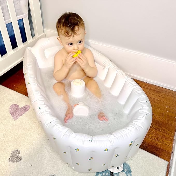 MINK Inflatable Baby Bathtub for Toddlers and Kids - Self-Inflating Design, No Pump Needed, Press Center to Inflate - Portable Collapsible Travel Baby Tub for Newborns to 36 Months(Olive Bath)