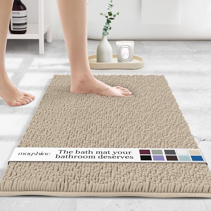 MAYSHINE Small Plush Shaggy Chenille Bath Mat 23"x14"| Extra Soft, Super Absorbent, Non-Slip Bathroom Rug | Fluffy Microfiber, Area Rug Sets for Bathroom Floor, Kitchen, Living Room |Beige