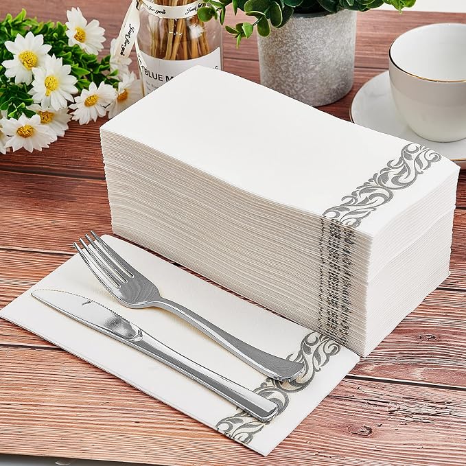 200 PACK Guest Towels Disposable Bathroom, Soft and Linen Feel Disposable Hand Towels, Decorative Bathroom Napkins for Party,Dinners, Wedding, Silver