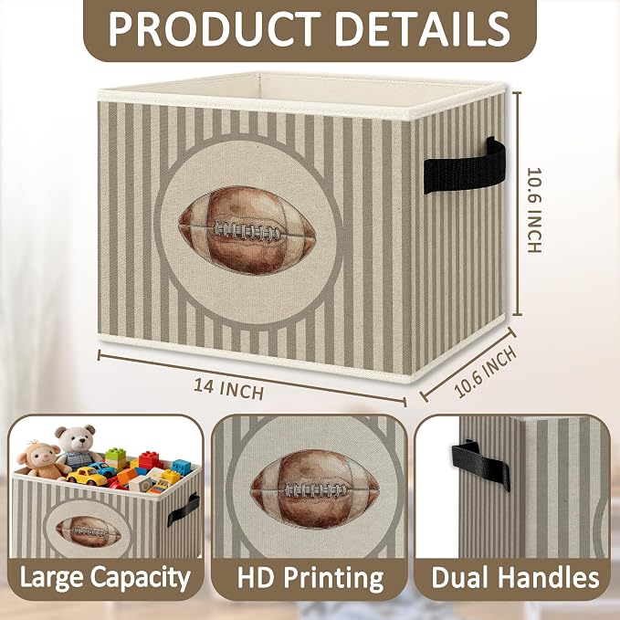 Boy Nursery Football Foldable Storage Bins Box with Handles, Neutral Striped Football Sports Collapsible Organizer Basket for Kids Boys Bedroom Bathroom Playroom Clothes Books