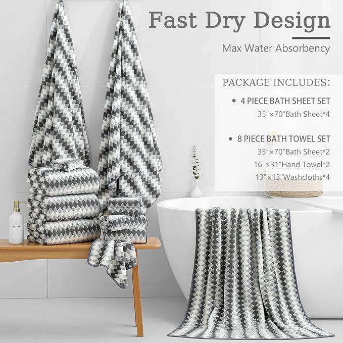 4 Piece Bath Towel Set Oversized Bath Sheet 35"x70" Bathroom Towel Extra Large Towel Set Soft Highly Absorbent & Quick Dry Premium Bath Sheet for Bathroom 600GSM Shower Towel Spa Gym Hotel,Dark Grey