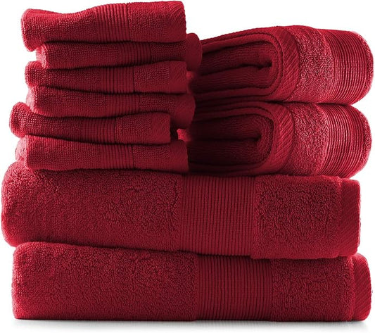 Hearth & Harbor Bath Towels for Bathroom - 100% Ring Spun Cotton Luxury Bathroom Towels - Ultra Soft & Highly Absorbent, Bath Towels Set of 10 - Burgundy Red